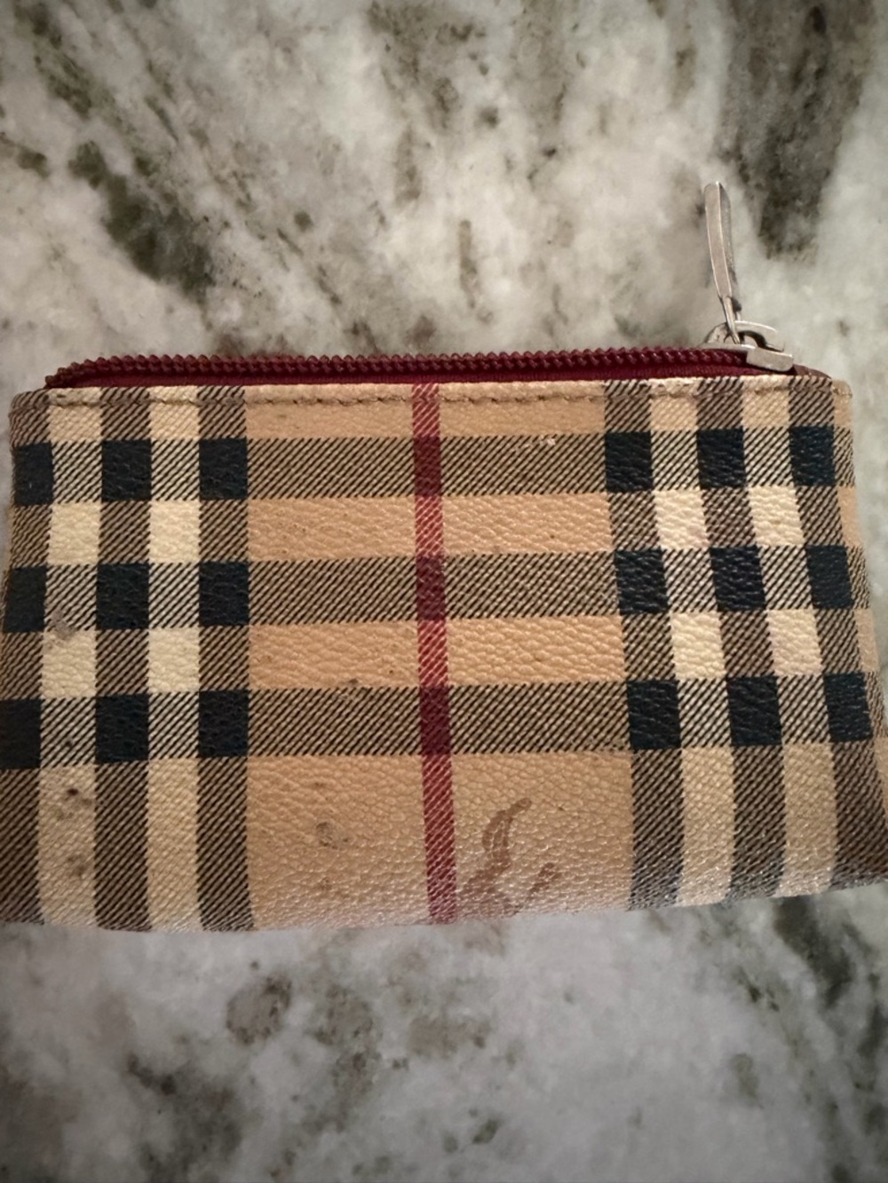 Burberry Beige Plaid Zip Card Wallet with Red Zipper